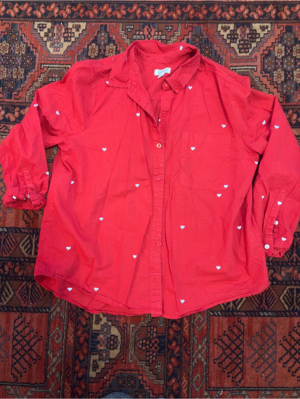 Style & Co. Red Button-Down Shirt with Tiny White Hearts